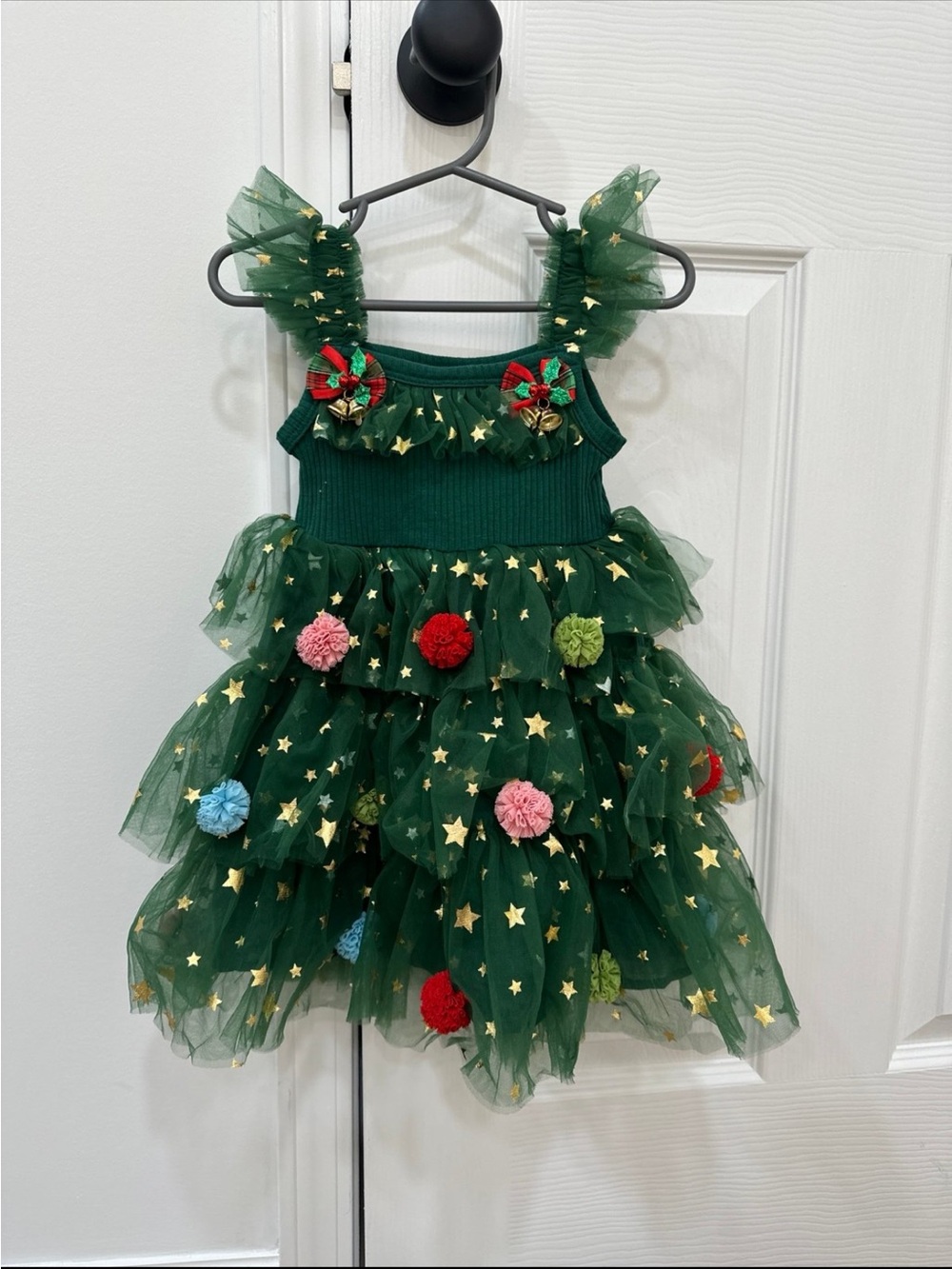 Girls' Emerald Green Tulle Party Dress with Gold Stars